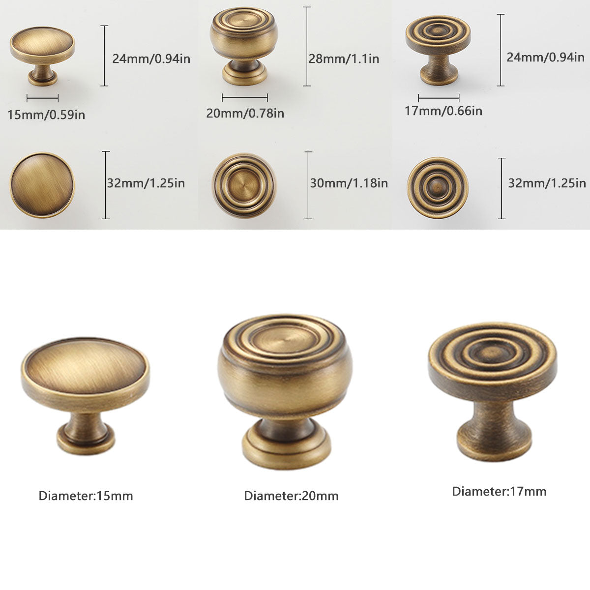Antique Brass Cupboard & Cabinet Round Knob 15mm