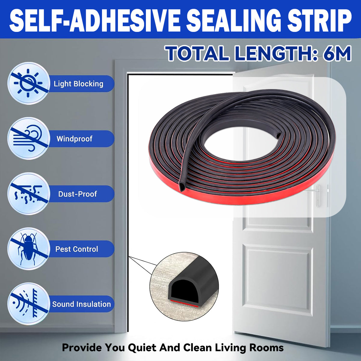 Black Self-Adhesive Silicone Door Window Sealing Strip 6m