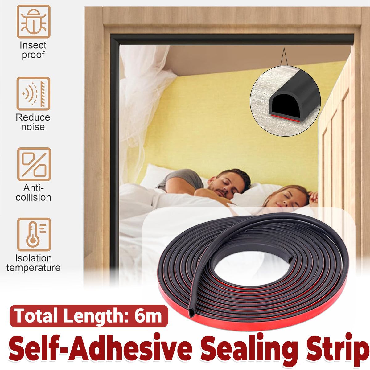 Black Self-Adhesive Silicone Door Window Sealing Strip 6m