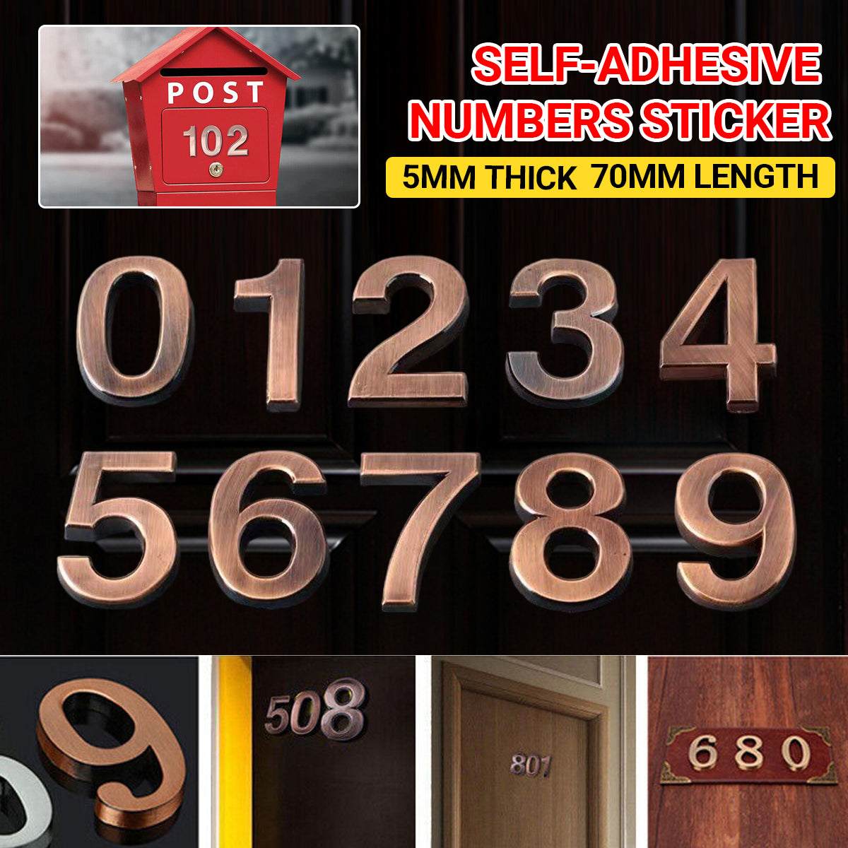 Bronze Plated ABS Door Address Hotel Number Sticker 0–9