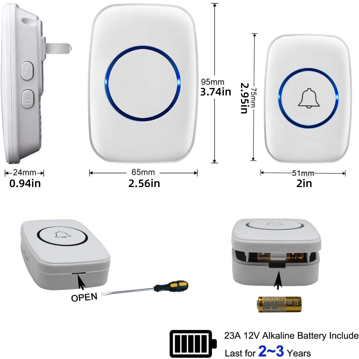 White IP44 Waterproof Wireless Doorbell Kit with Chime