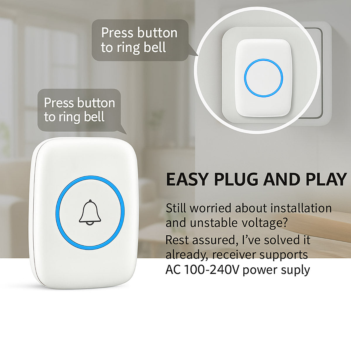 White IP44 Waterproof Wireless Doorbell Kit with Chime