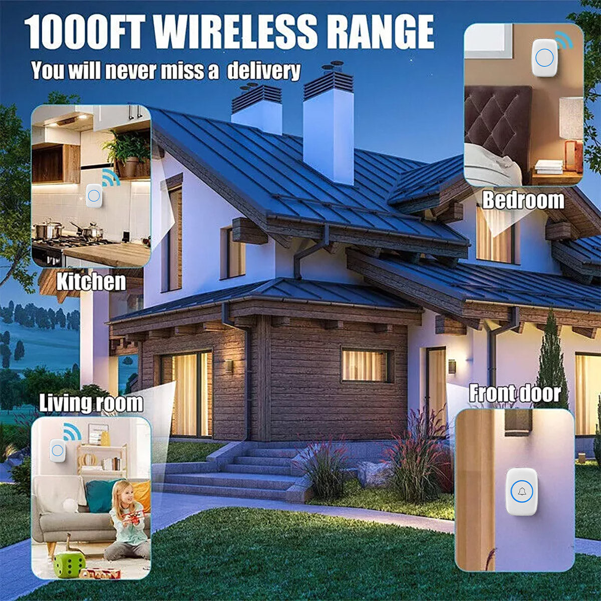 White IP44 Waterproof Wireless Doorbell Kit with Chime