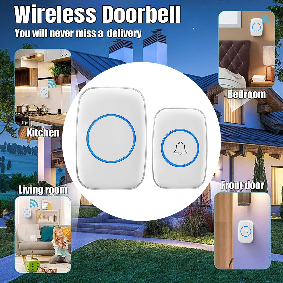White IP44 Waterproof Wireless Doorbell Kit with Chime