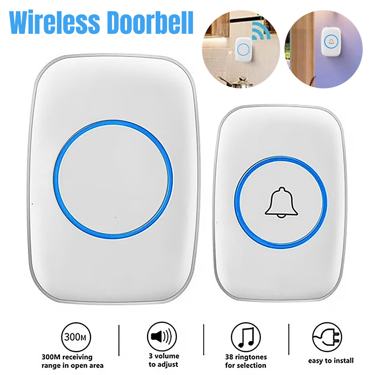 White IP44 Waterproof Wireless Doorbell Kit with Chime