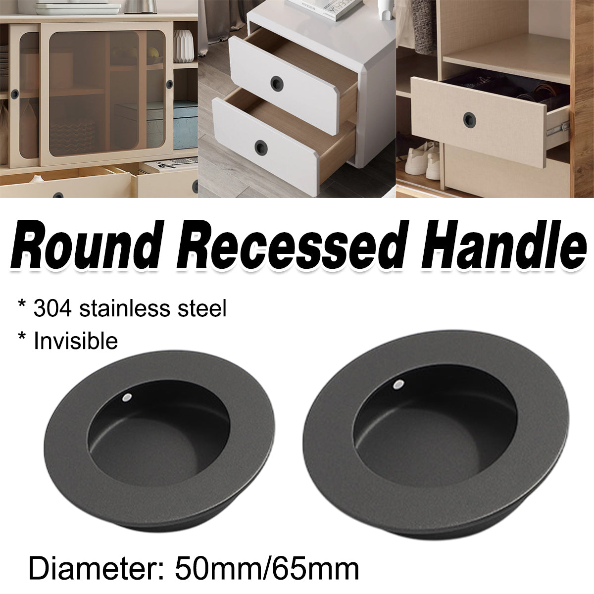 Matte Black 304 Stainless Steel Round Finger Pull For Cabinet & Door 50mm & 65mm