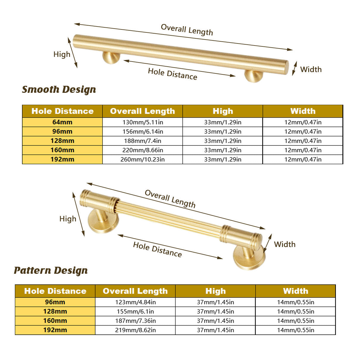 Brushed Brass Smooth Bar Cabinet Pull Handle 64-192mm