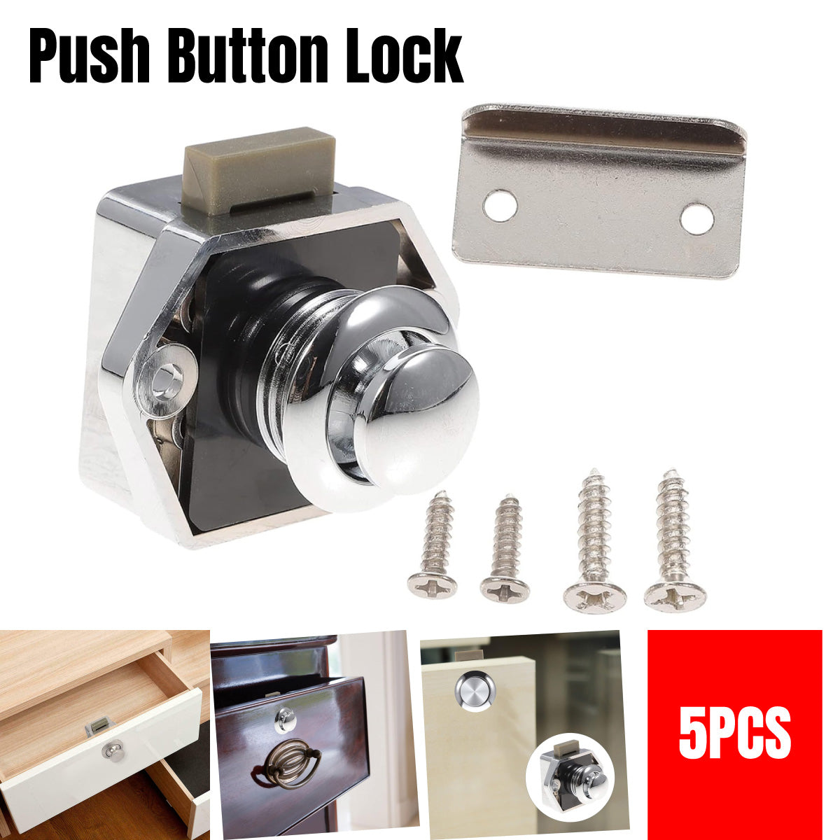 Silver Chrome-Plated Metal and ABS Push Button Cabinet Door Locks