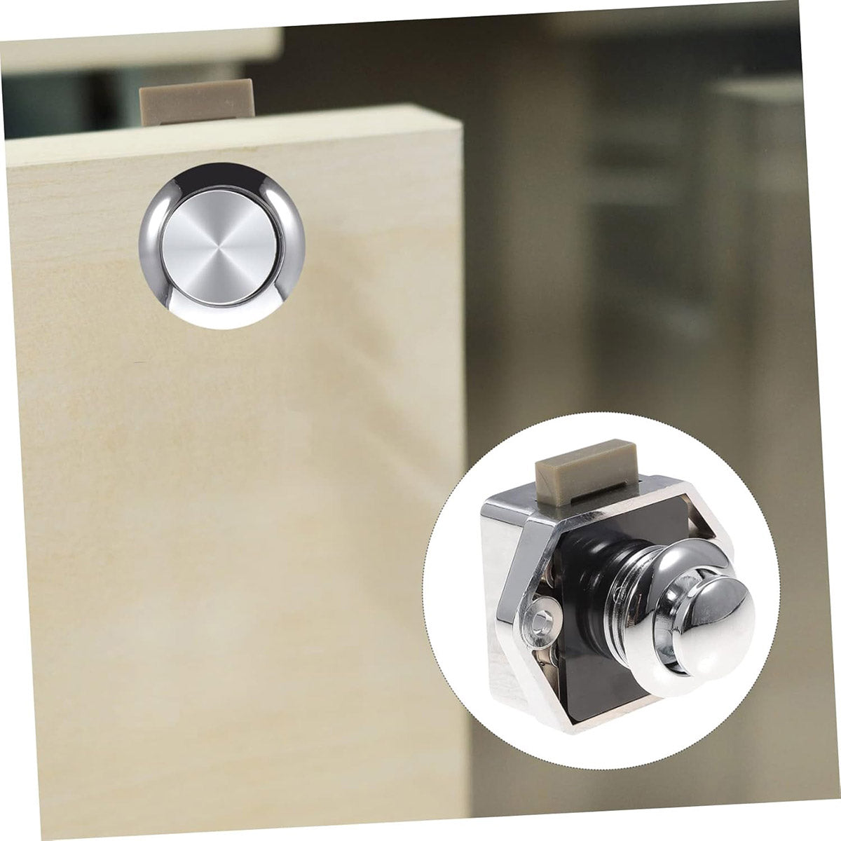 Silver Chrome-Plated Metal and ABS Push Button Cabinet Door Locks