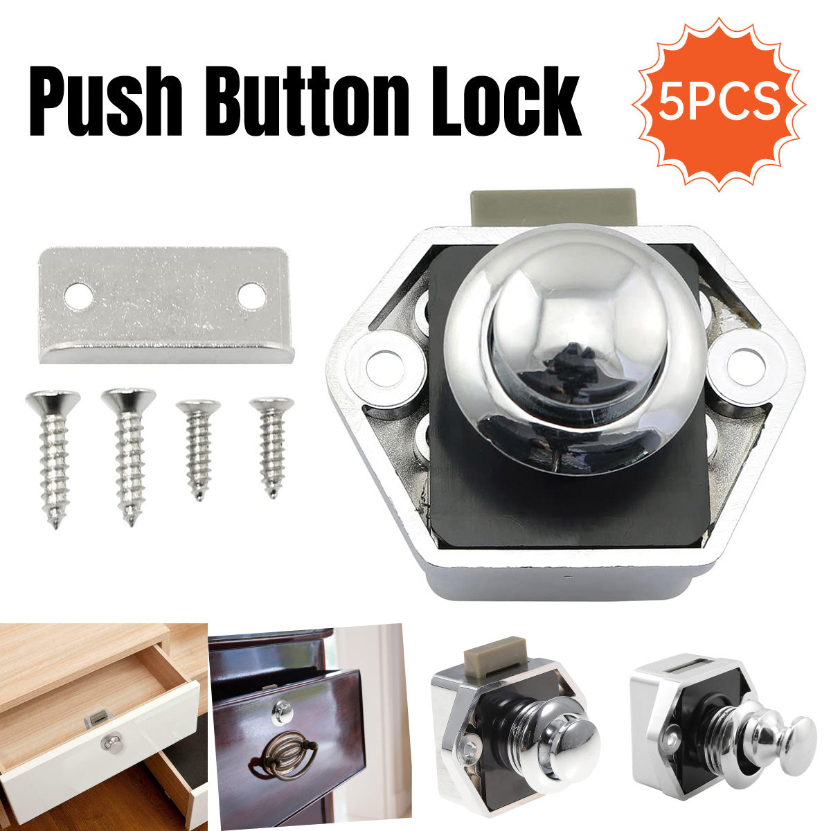 Silver Chrome-Plated Metal and ABS Push Button Cabinet Door Locks