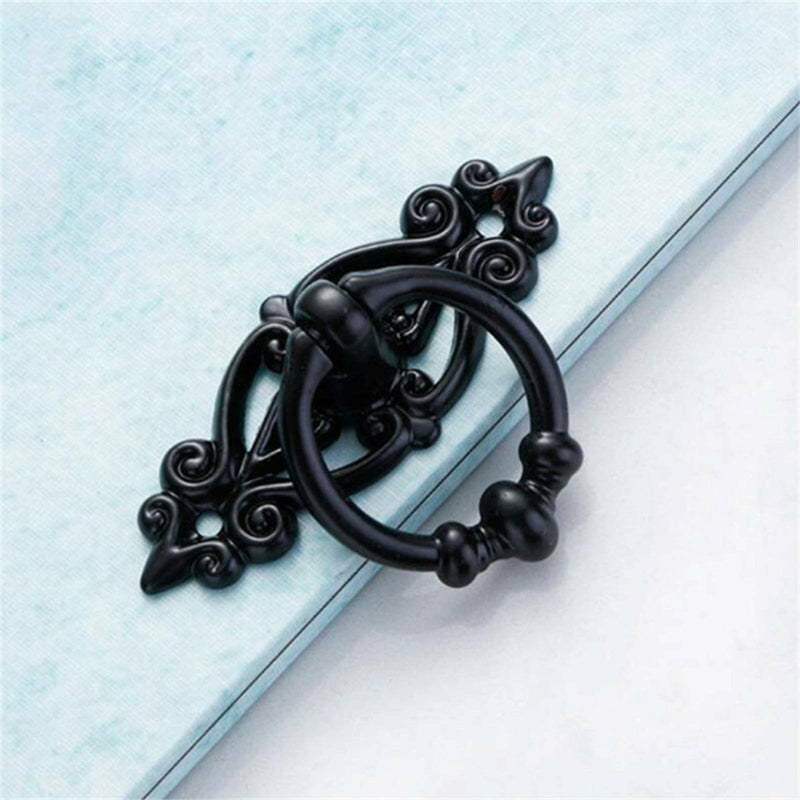 Vintage Zinc Alloy Cabinet Drawer Ring Pull Knobs 5 Pcs - Black