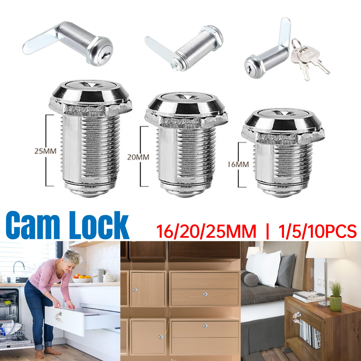 Silver Chrome-Plated Zinc Alloy Cam Lock for Cabinets