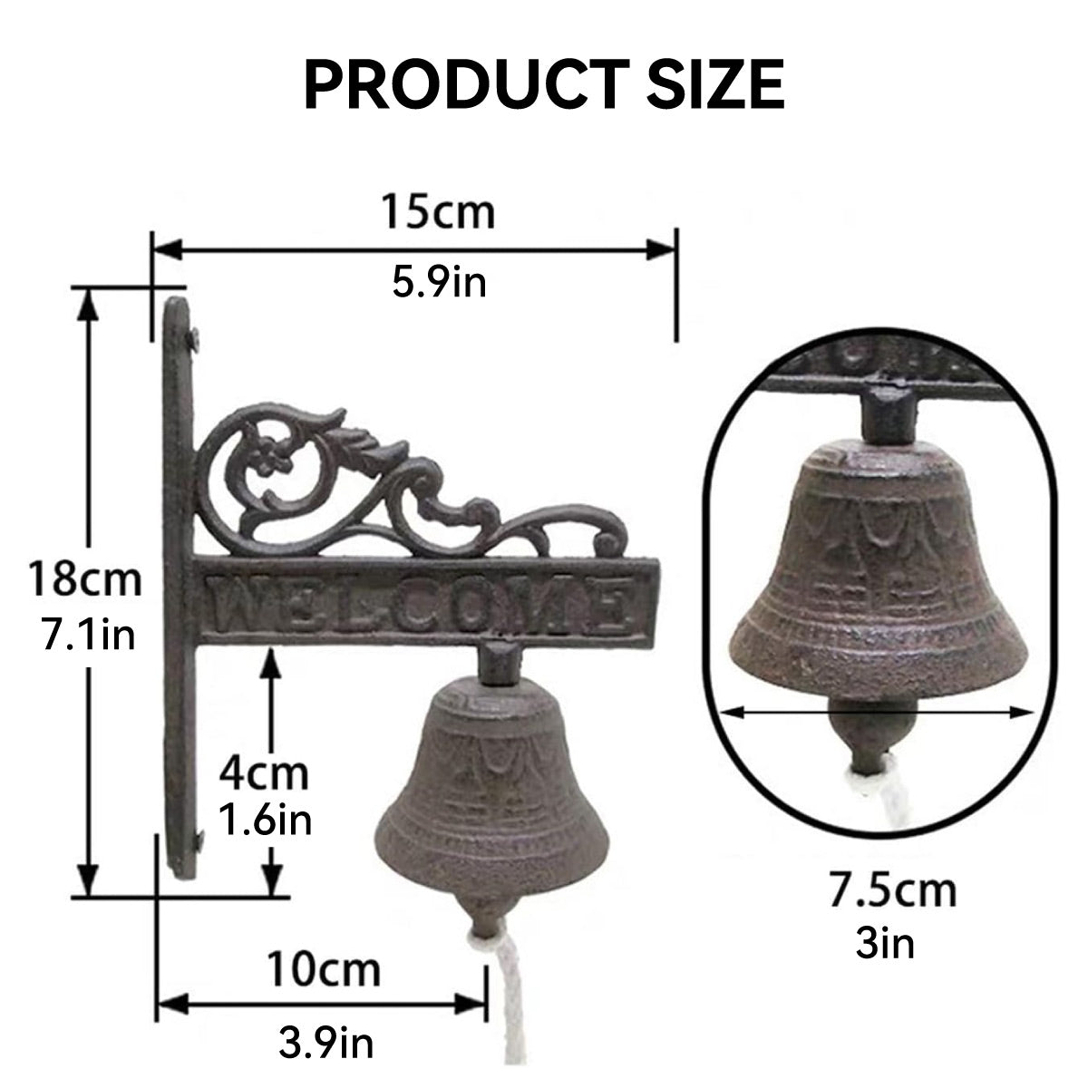 Dark Brown Vintage Finish Cast Iron Wall Hanging Dinner Bell