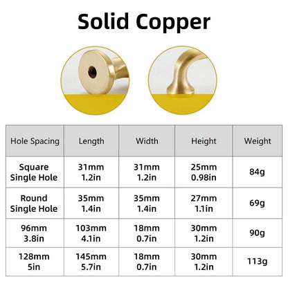 Solid Copper Cabinet Handle with Brushed Gold Finish