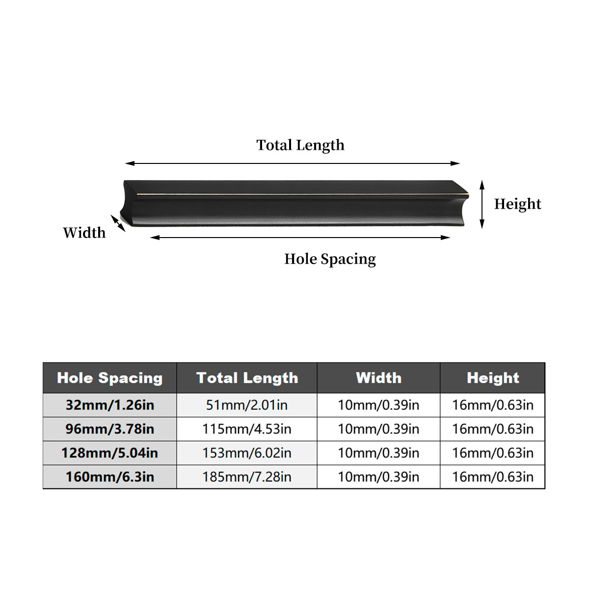 Matte Black Brass Cupboard & Cabinet Door Pull Handle 32-160mm