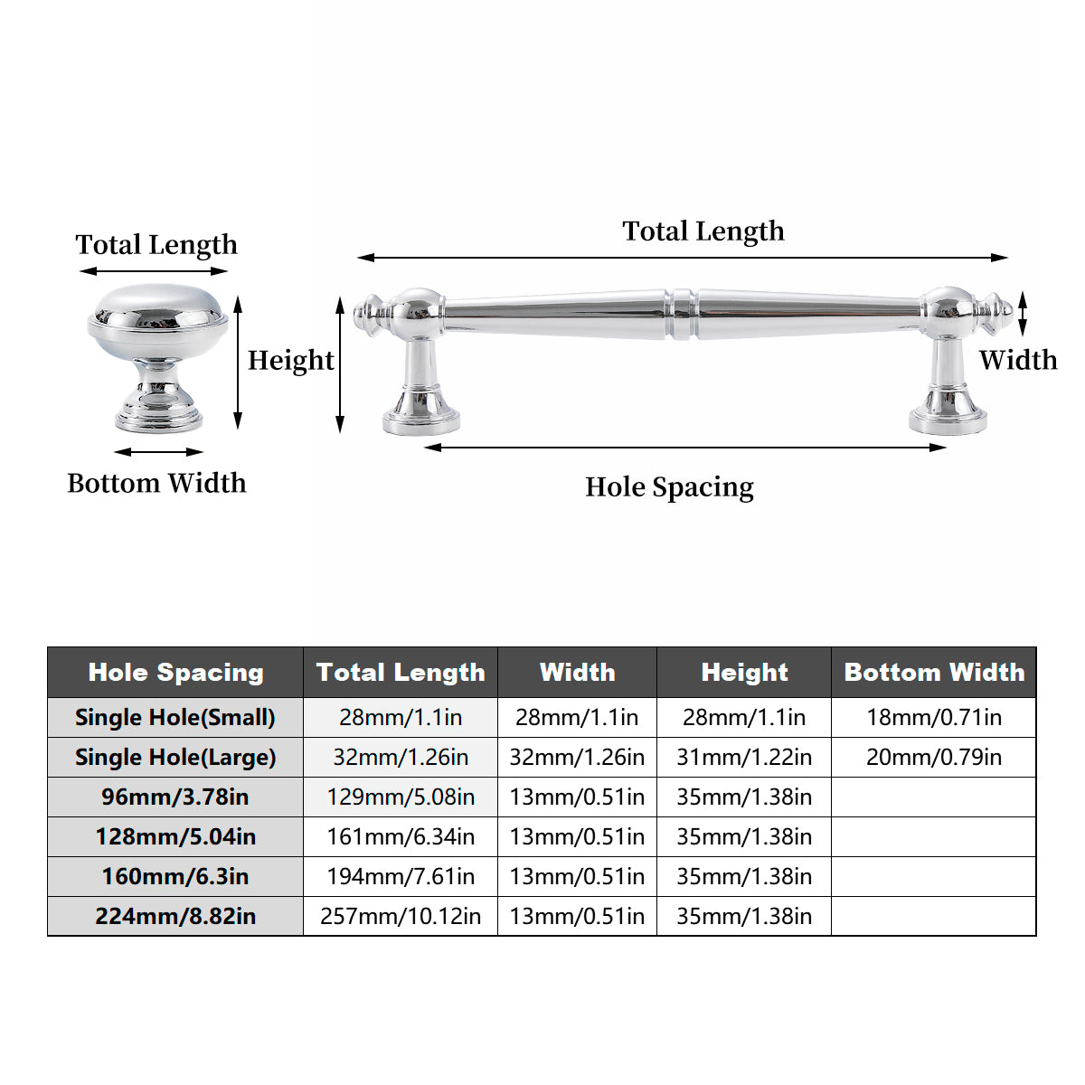 Polished Silver Solid Brass Cabinet Door Pull Handle & Knob 28-224mm