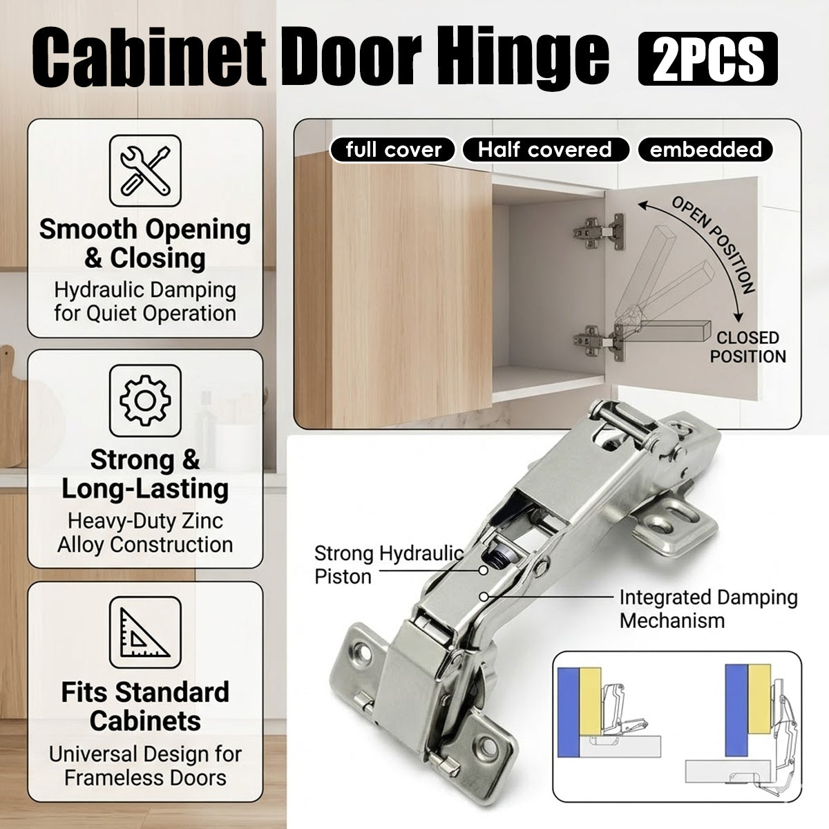 2 Pcs Cabinet Door Hinge for Frameless with Screws
