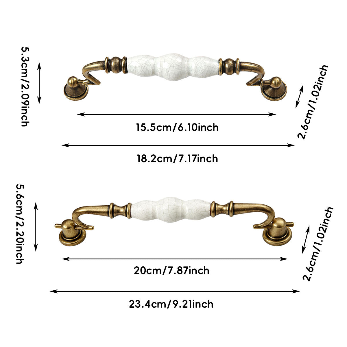 2 Pcs Elegant Ceramic & Solid Brass Cabinet Handles
