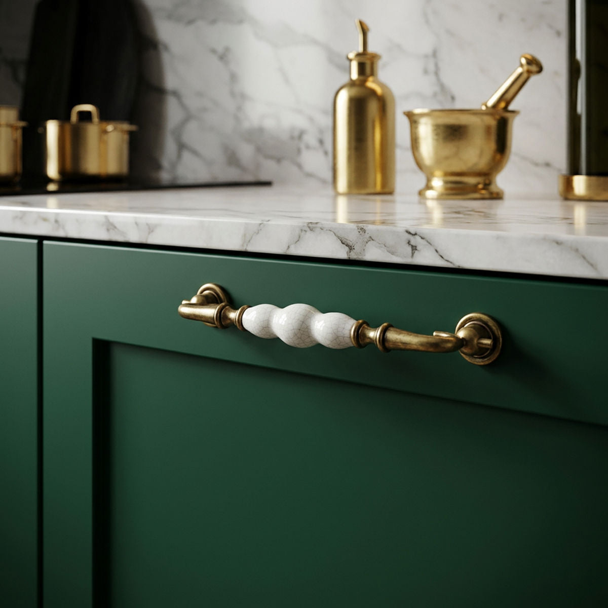 2 Pcs Elegant Ceramic & Solid Brass Cabinet Handles