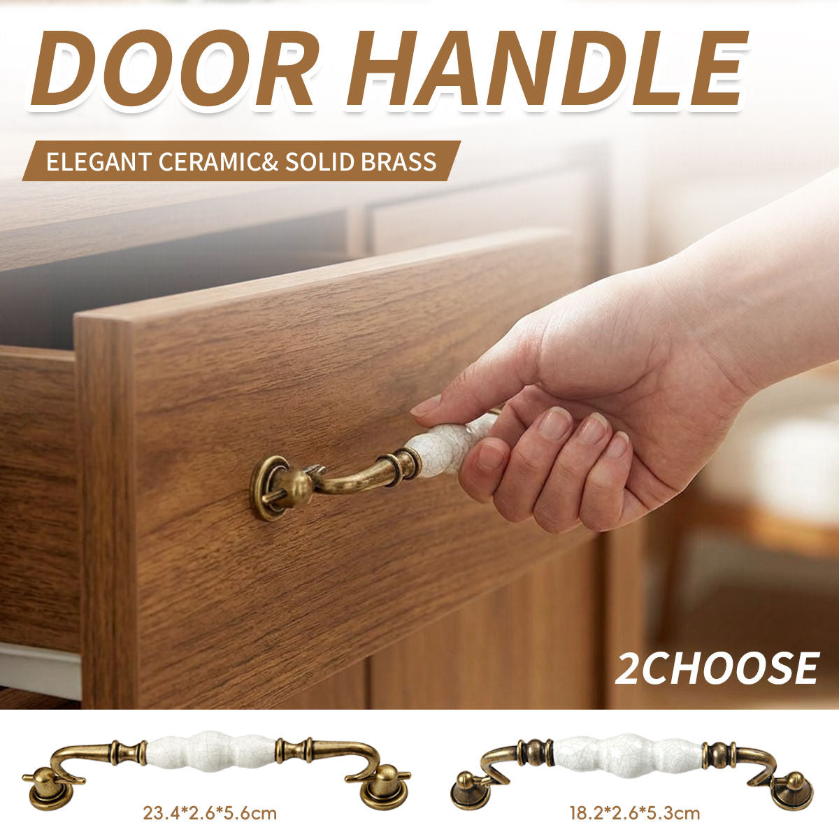 2 Pcs Elegant Ceramic & Solid Brass Cabinet Handles