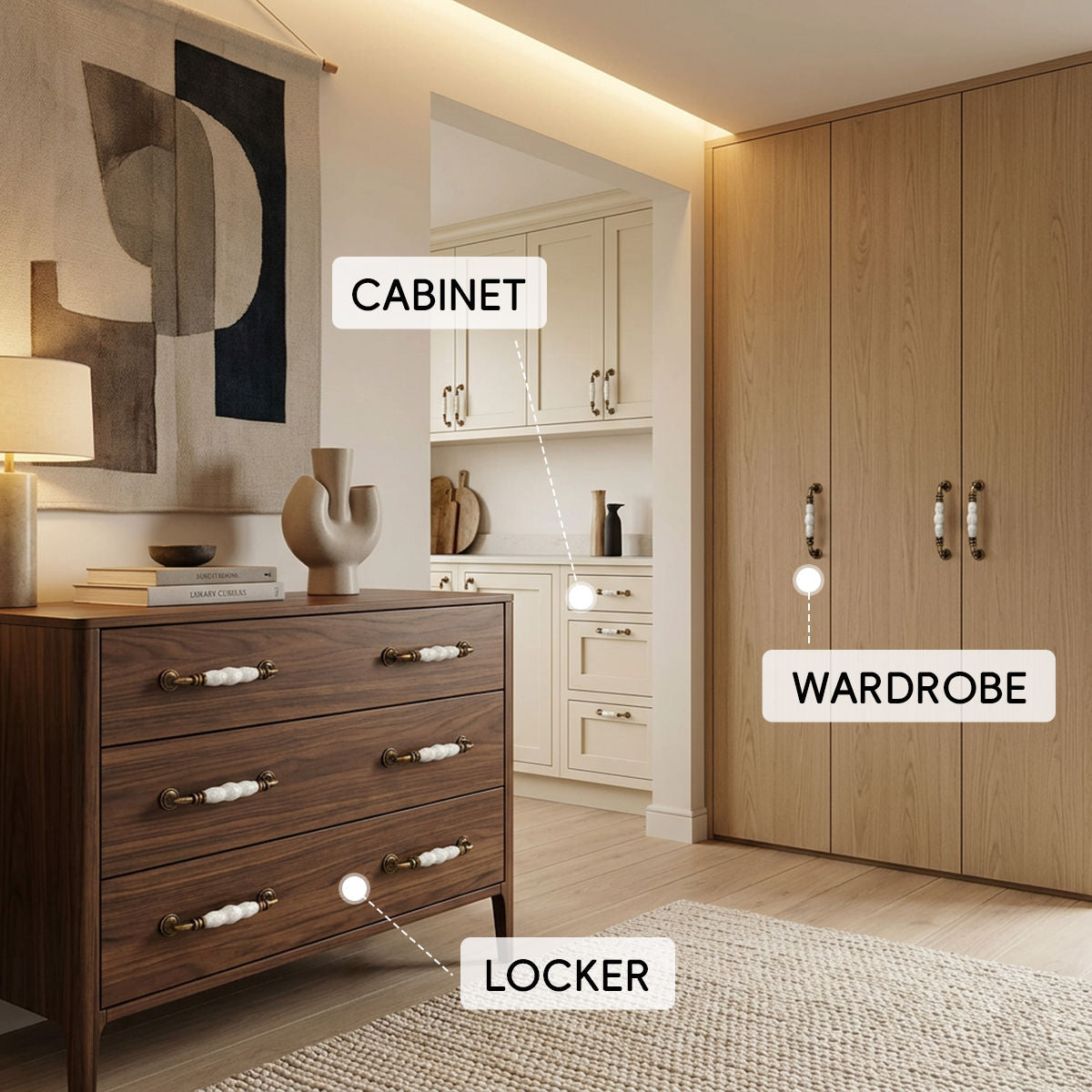 2 Pcs Elegant Ceramic & Solid Brass Cabinet Handles