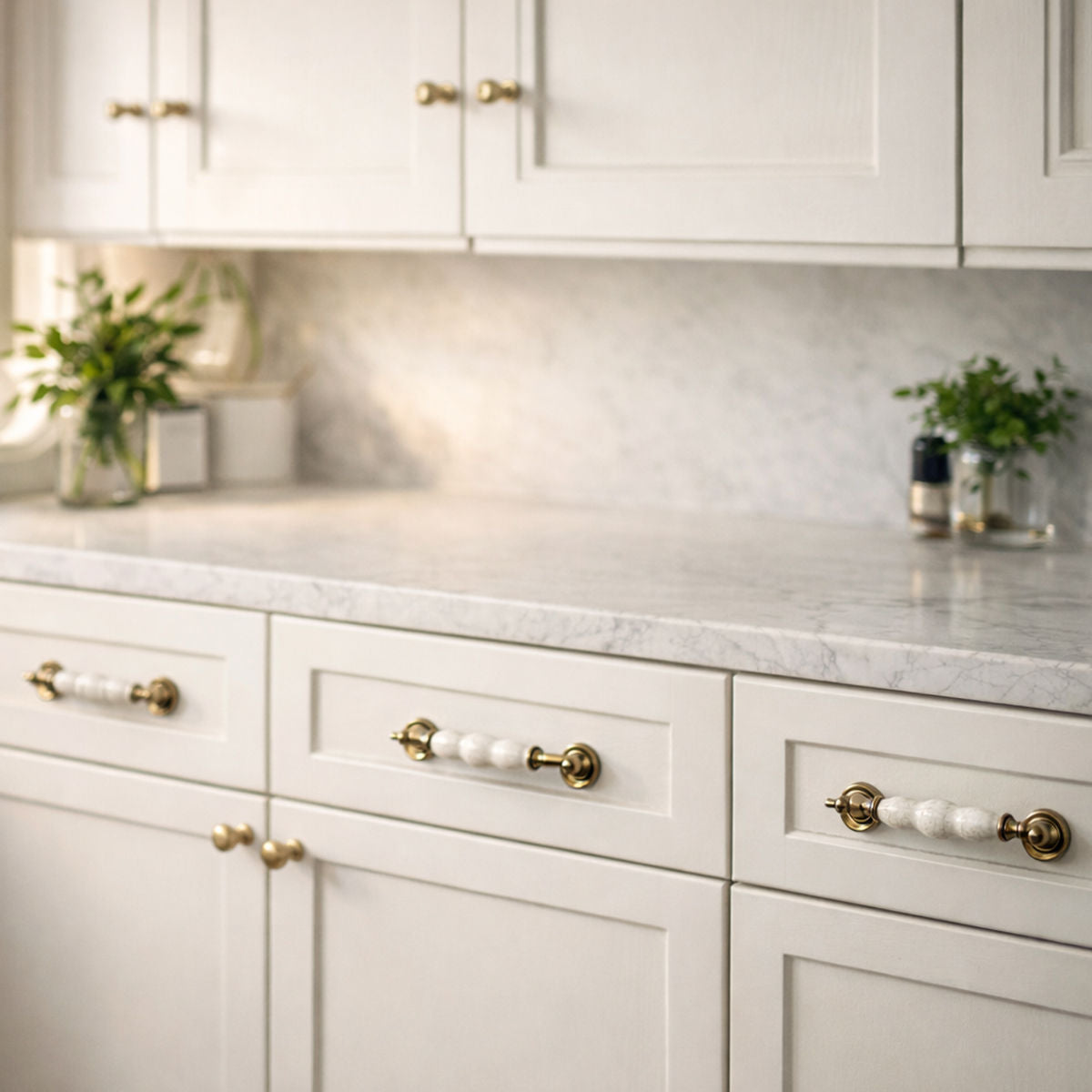 2 Pcs Elegant Ceramic & Solid Brass Cabinet Handles