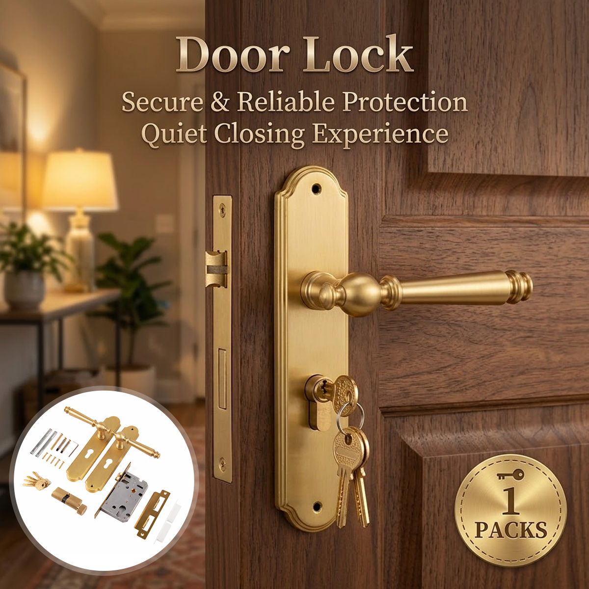 1 Pack Solid Brass Door Handle Set with Keyed Locks