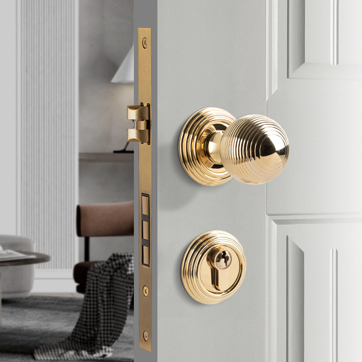 Gold Brass Privacy Knob Lock Set 58mm × 75mm