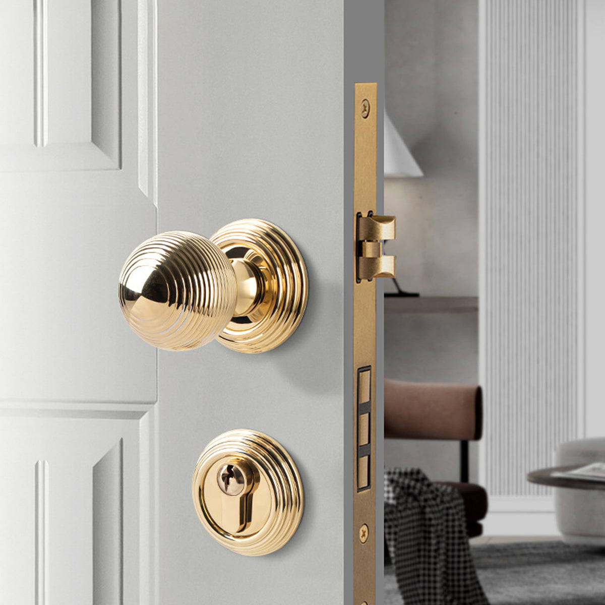 Gold Brass Privacy Knob Lock Set 58mm × 75mm