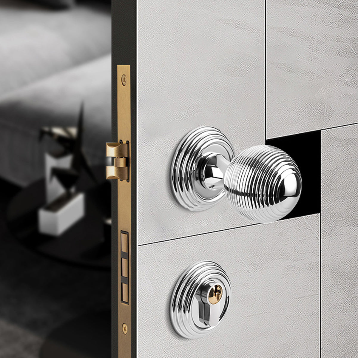 Silver Brass Privacy Knob Lock Set 58mm × 75mm