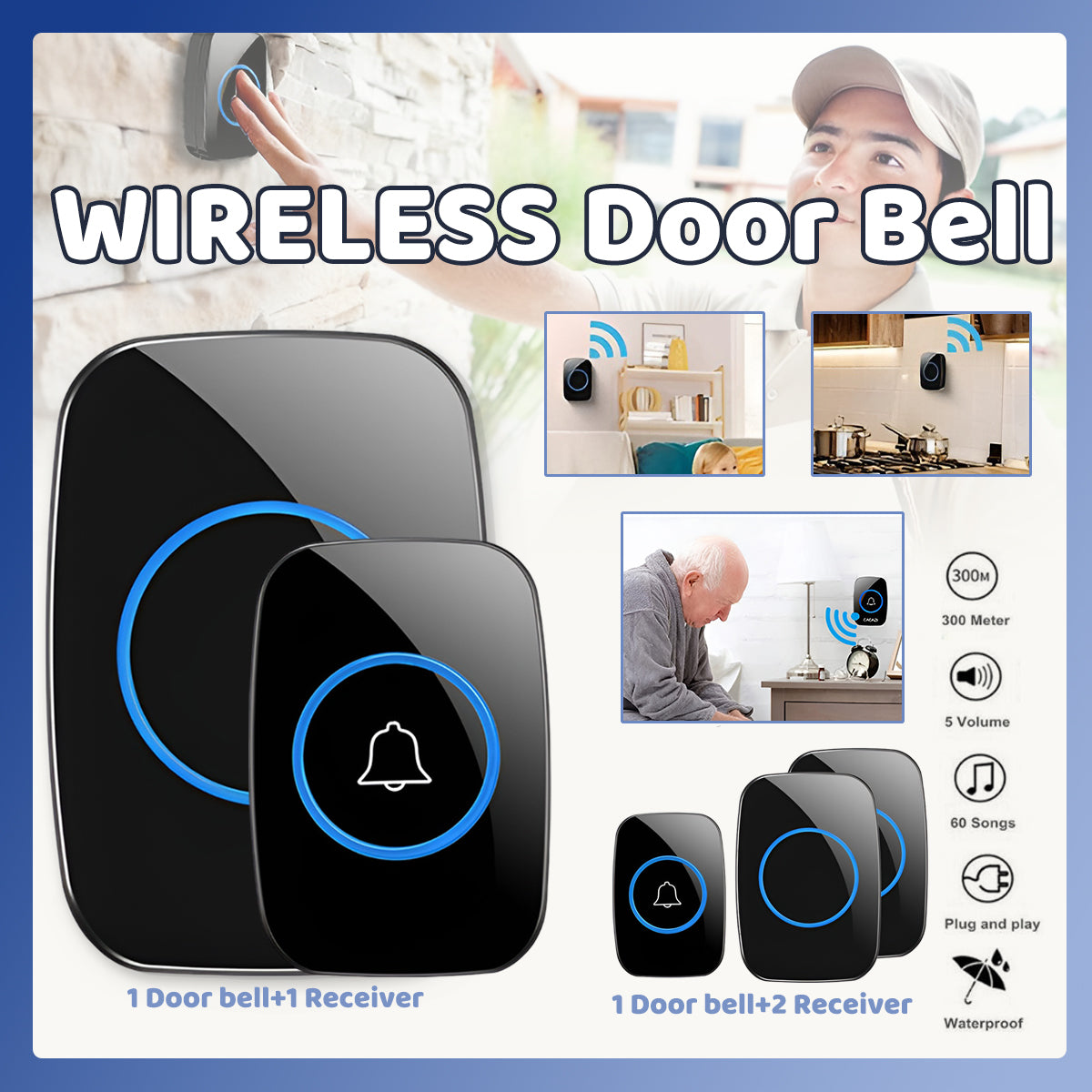 Wireless Waterproof Doorbell with 1/2 Plug-in Receivers