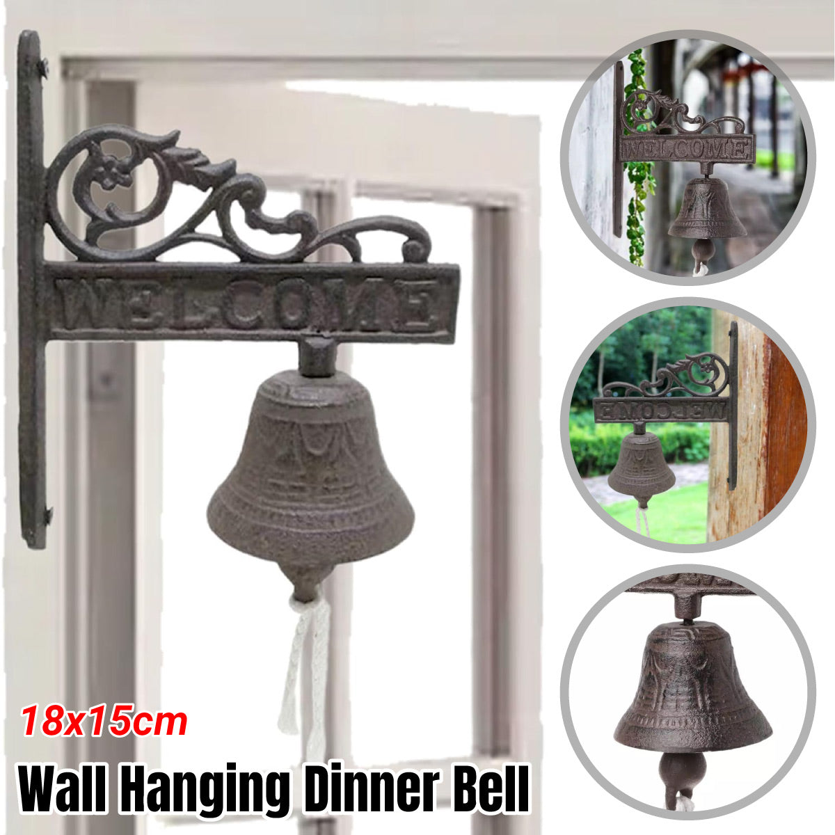 Dark Brown Vintage Finish Cast Iron Wall Hanging Dinner Bell