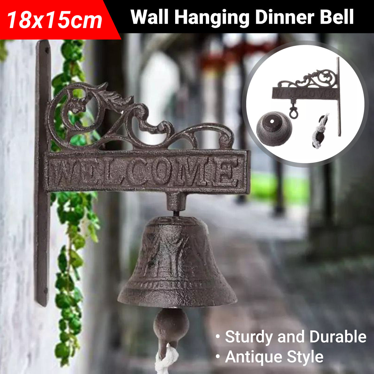 Dark Brown Vintage Finish Cast Iron Wall Hanging Dinner Bell