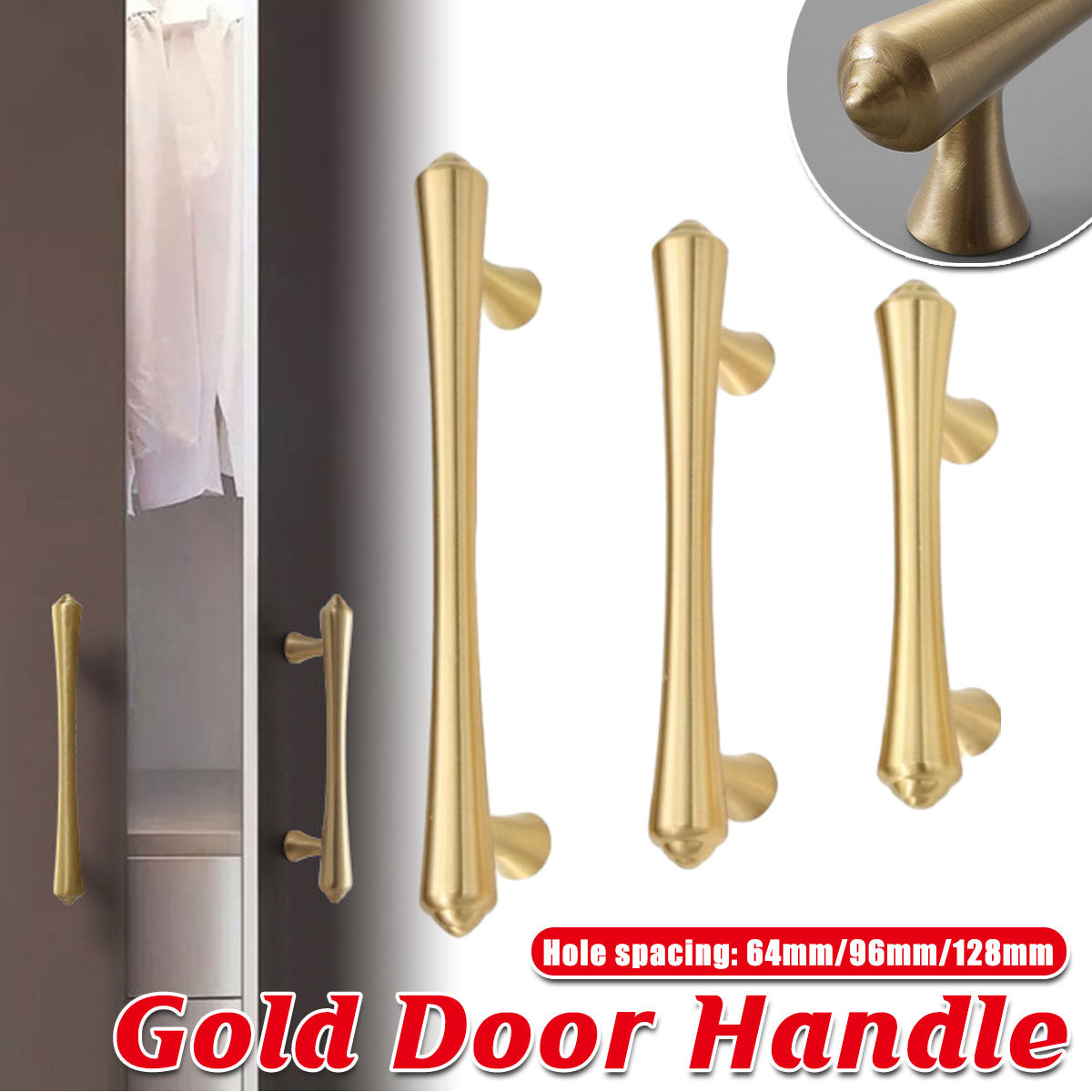 Gold Pure Copper Door Handle with 64, 96, 128mm Options