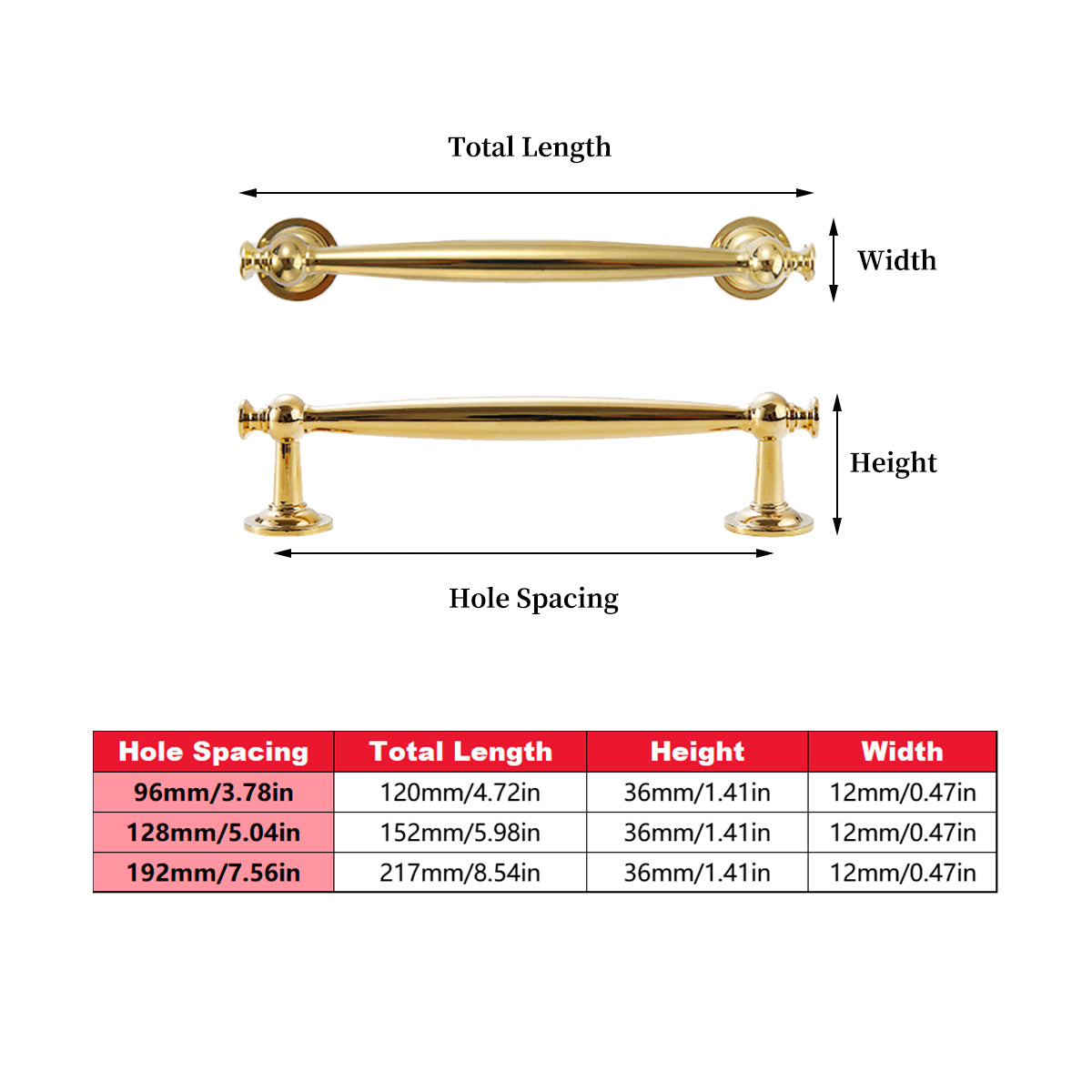 Gold Brass Cupboard & Cabinet Door Handle Pull 96-192mm Hole Spacing