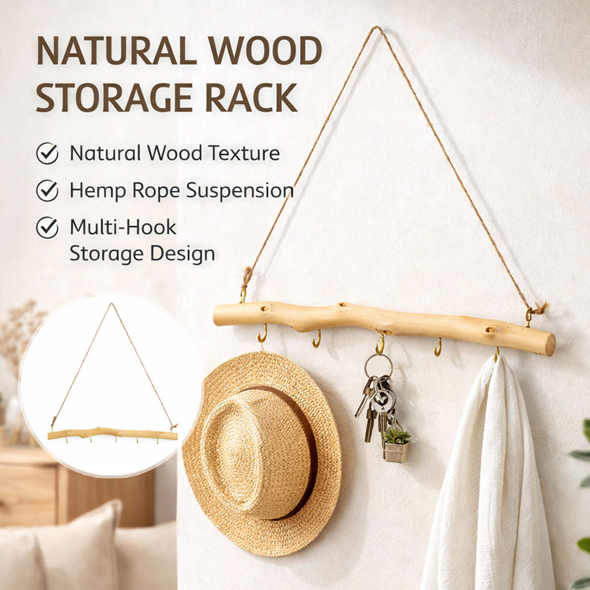 Driftwood Wall Hook Rack with 5 Hooks 2