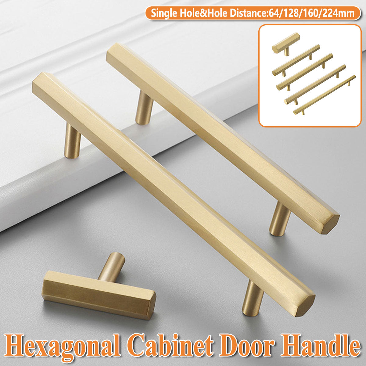 Hexagonal Gold Alloy Cabinet Handle with 64–224mm Options