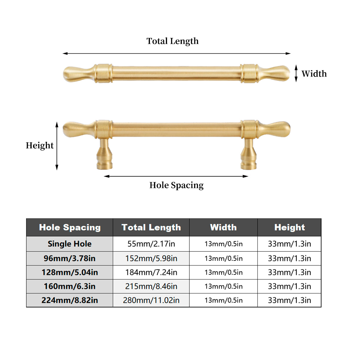 Gold Brass Cupboard & Cabinet Door Pull Handle 96-224mm