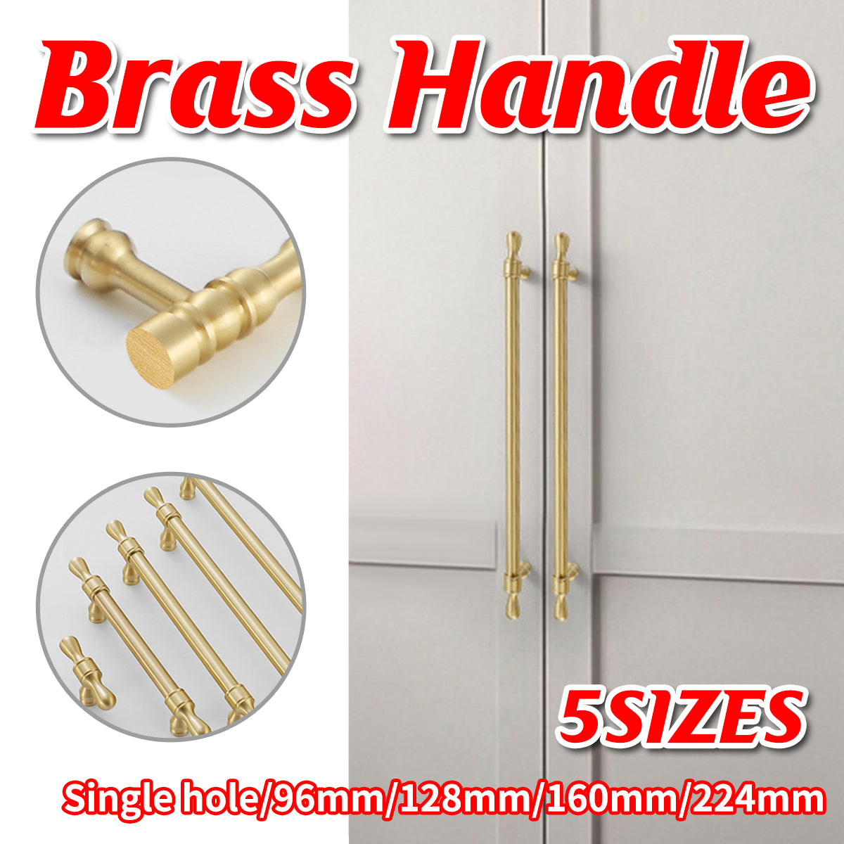 Brass Cabinet and Drawer Handle in Gold with 96–224mm Sizes