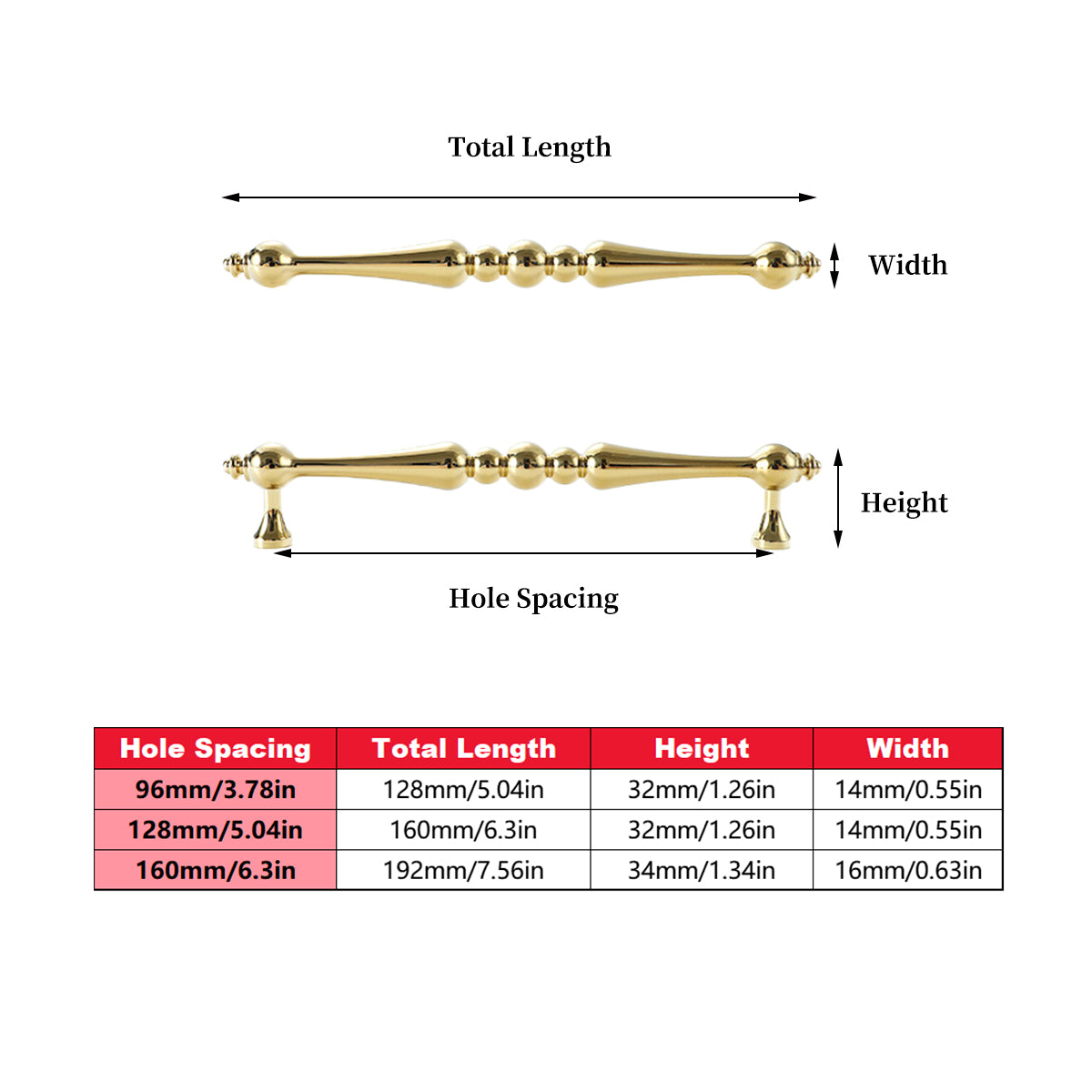 Gold Solid Brass Cabinet Door Pull Handle 96-160mm