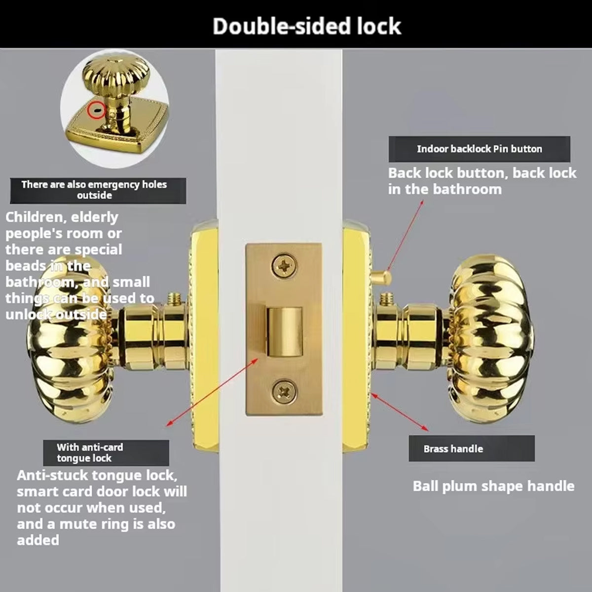 PVD Gold Brass Interior Pumpkin Door Knob Set 75mm x 55mm x 25mm