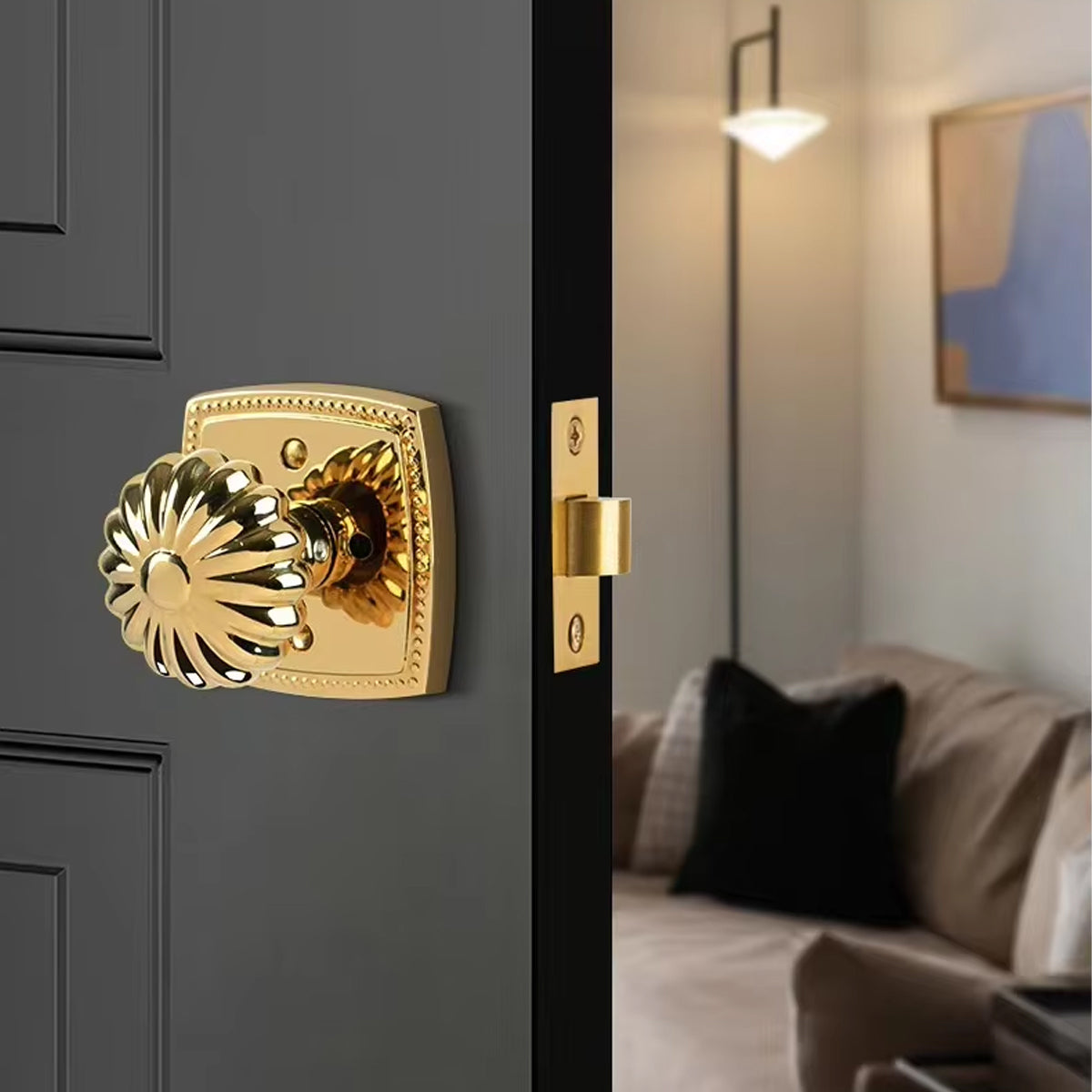 PVD Gold Brass Interior Pumpkin Door Knob Set 75mm x 55mm x 25mm