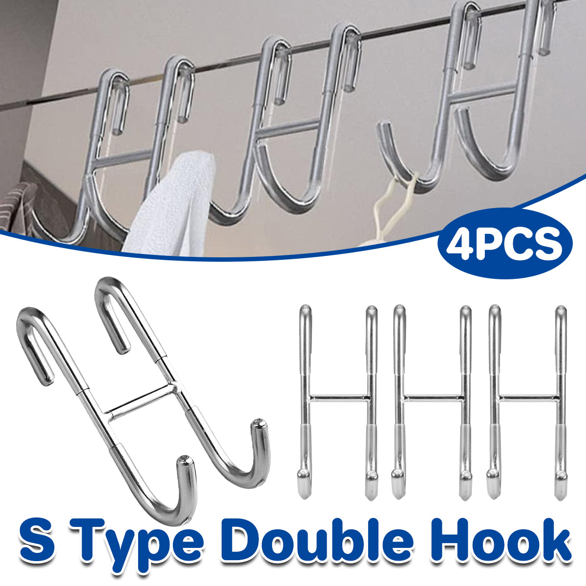 Silver Stainless Steel S-Shape Double Hooks Bathroom Kitchen