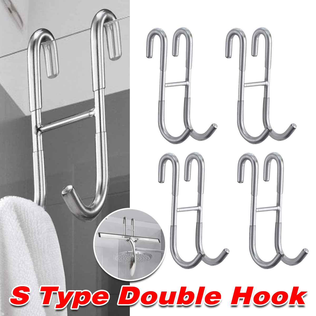 Silver Stainless Steel S-Shape Double Hooks Bathroom Kitchen