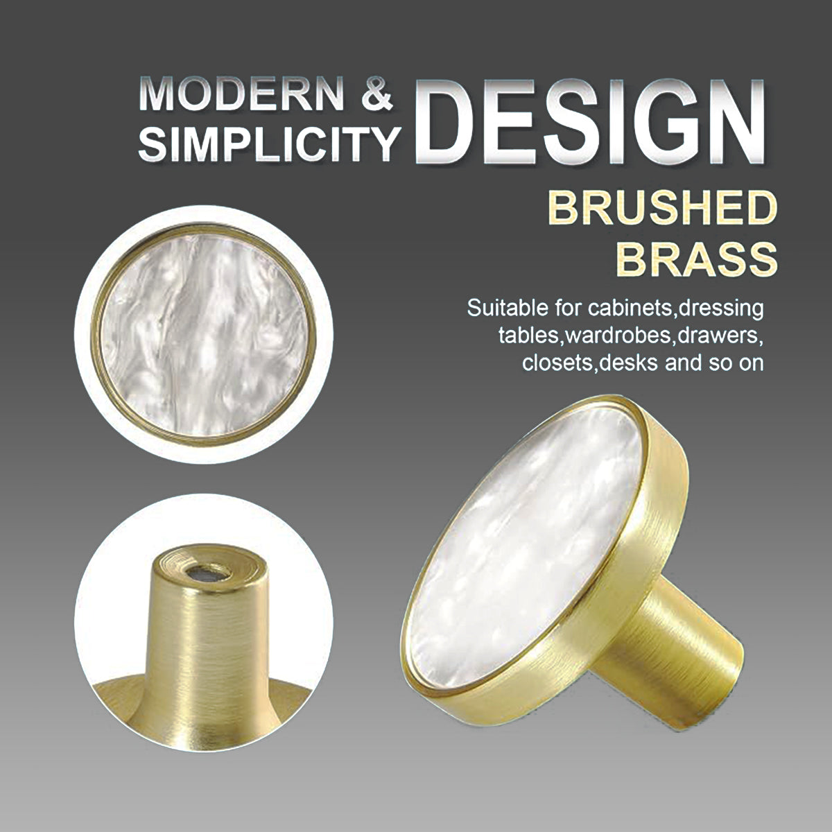 Brushed Brass Cupboard & Cabinet Round Knob With Pearl Inlay 32x25mm