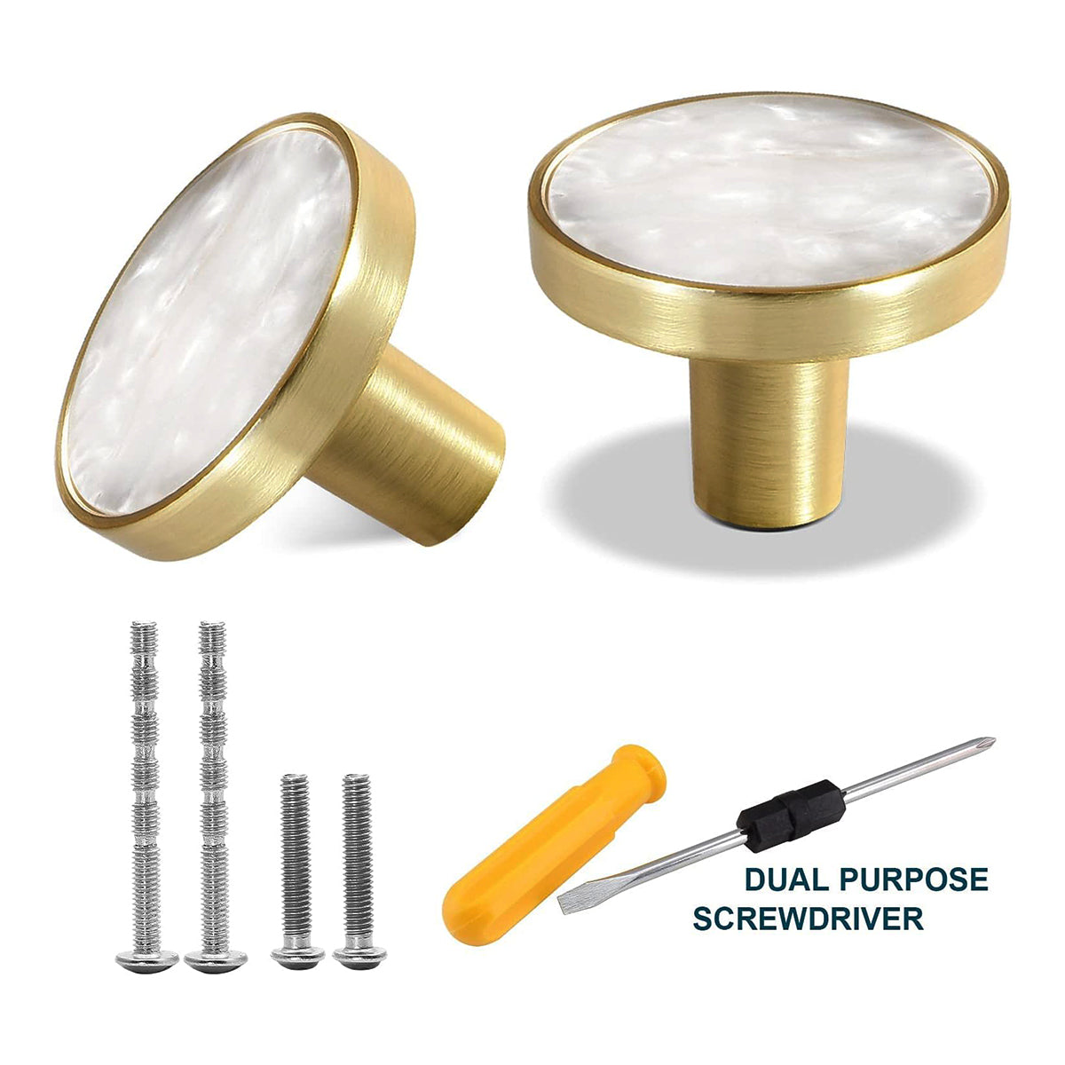 Brushed Brass Cupboard & Cabinet Round Knob With Pearl Inlay 32x25mm