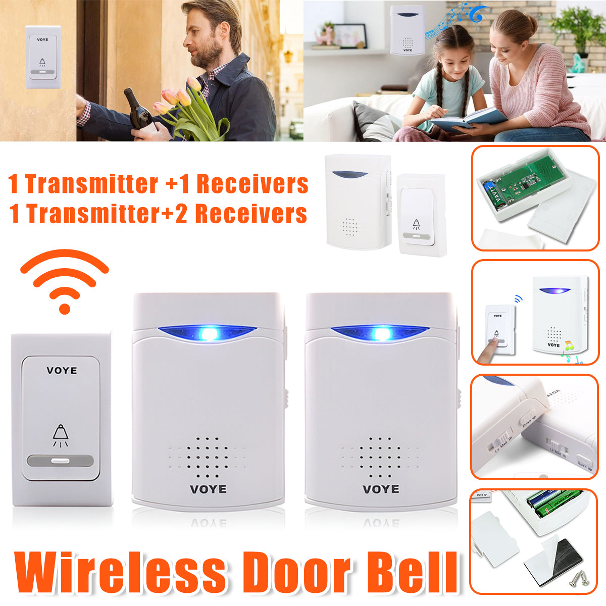 White Digital Wireless Doorbell Set With 2 Receivers