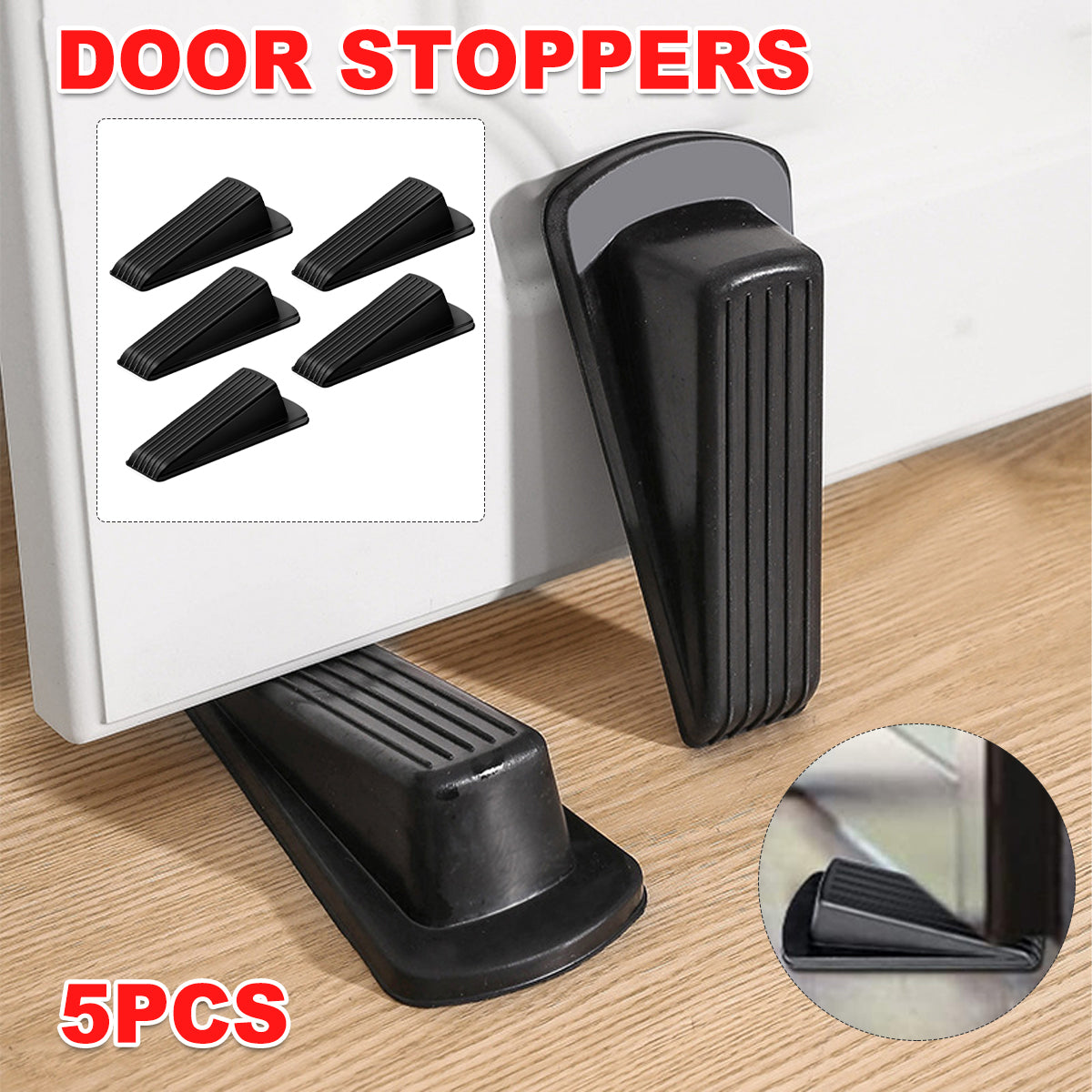 Black Textured Rubber Door Stopper Wedge Set 5 Pcs Anti-Theft