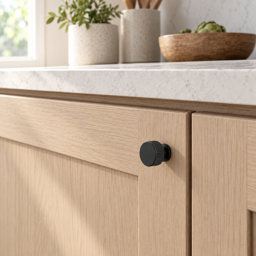 Black cabinet knob installed on a cabinet
