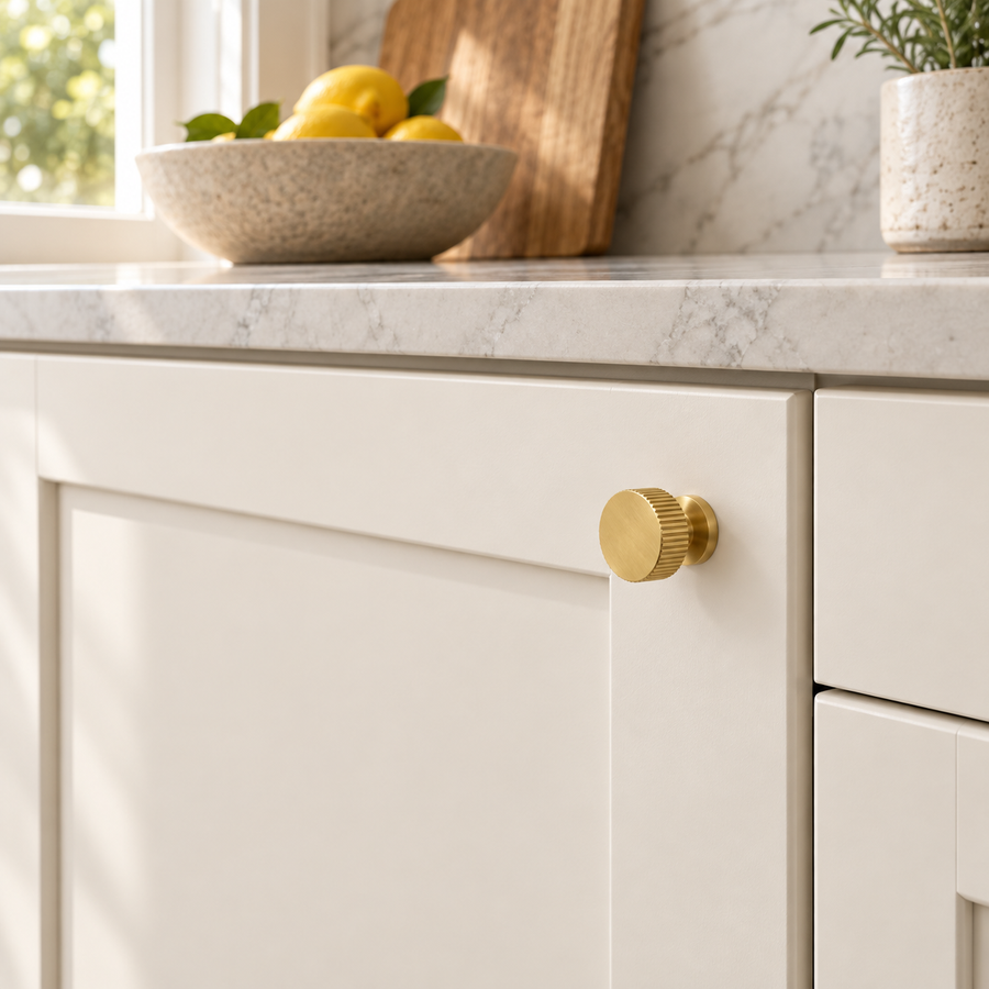 Gold cabinet knob installed on a cabinet
